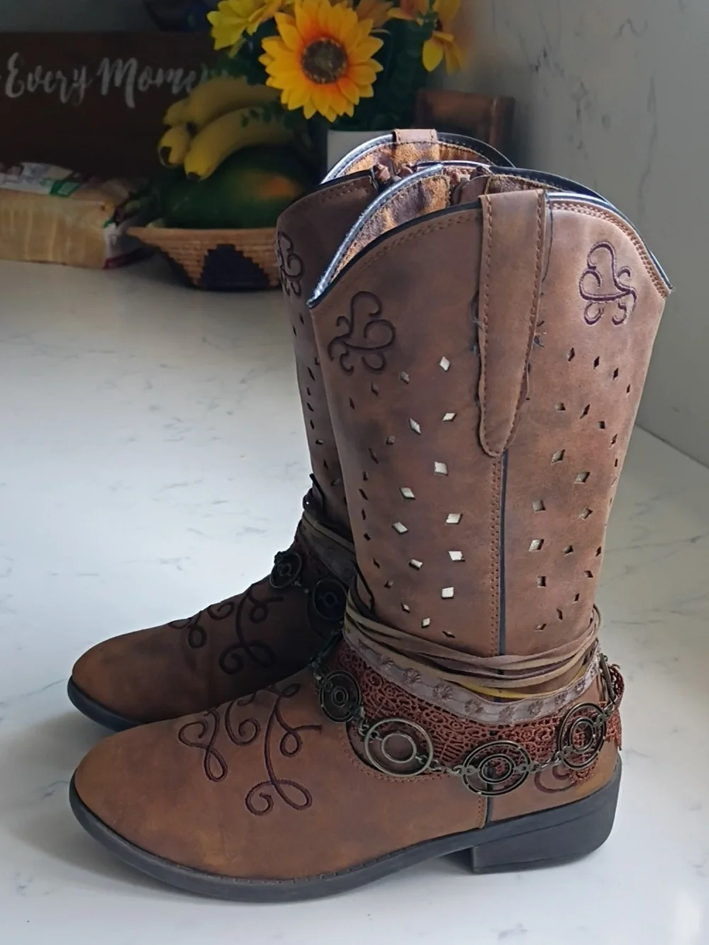 Rodeo Ropers Brown Embroidered Western Boots with Coin & Lace Accents
